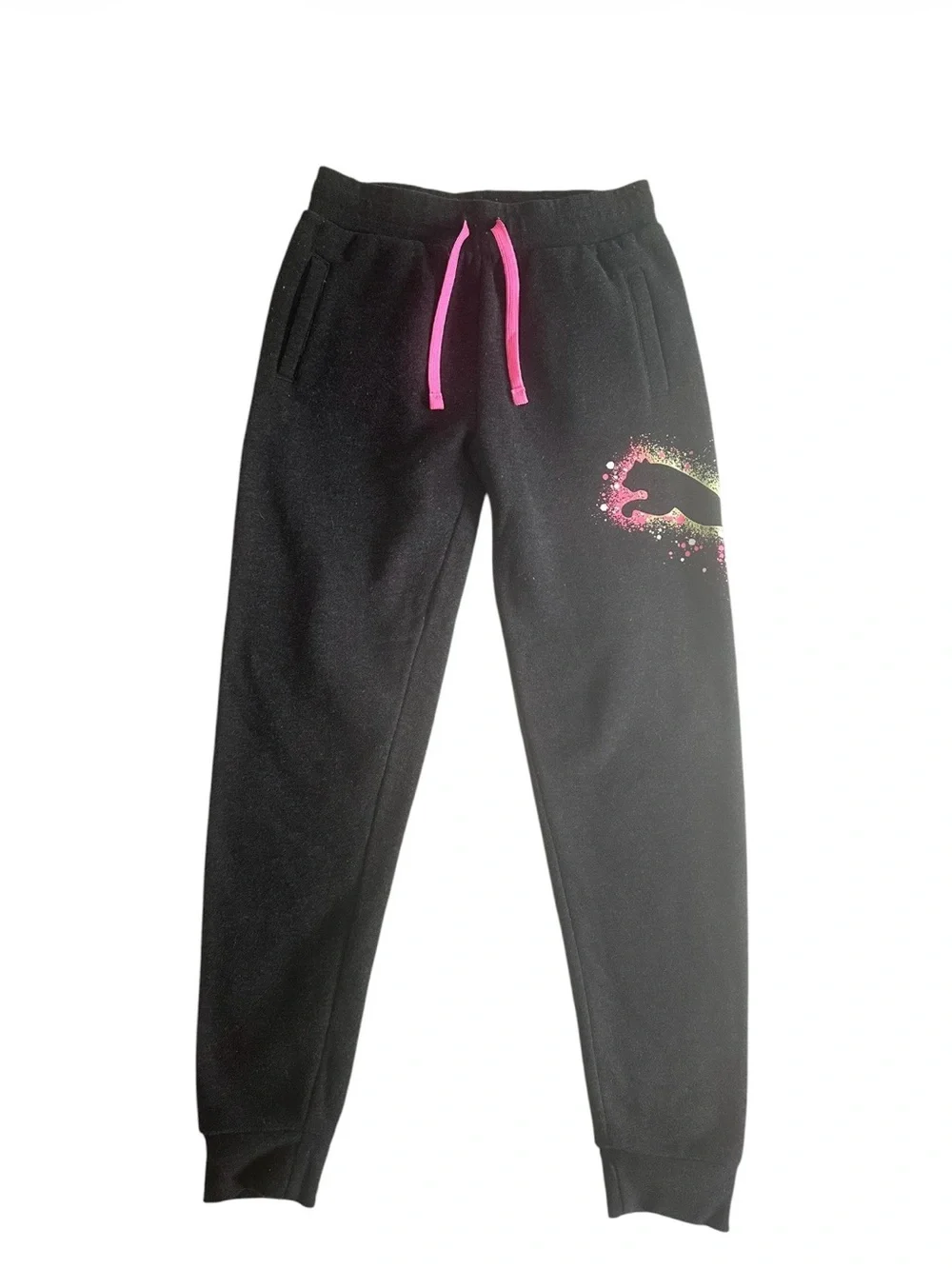 Puma Black Kids Hoodie & Joggers Set with Pink Drawstring and Multicolor Logo